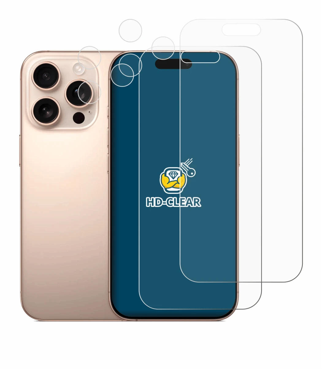 Abbildung des Geräts Apple iPhone 16 Pro (Display+Kamera) mit einer Vielzahl des Displayschutzes.