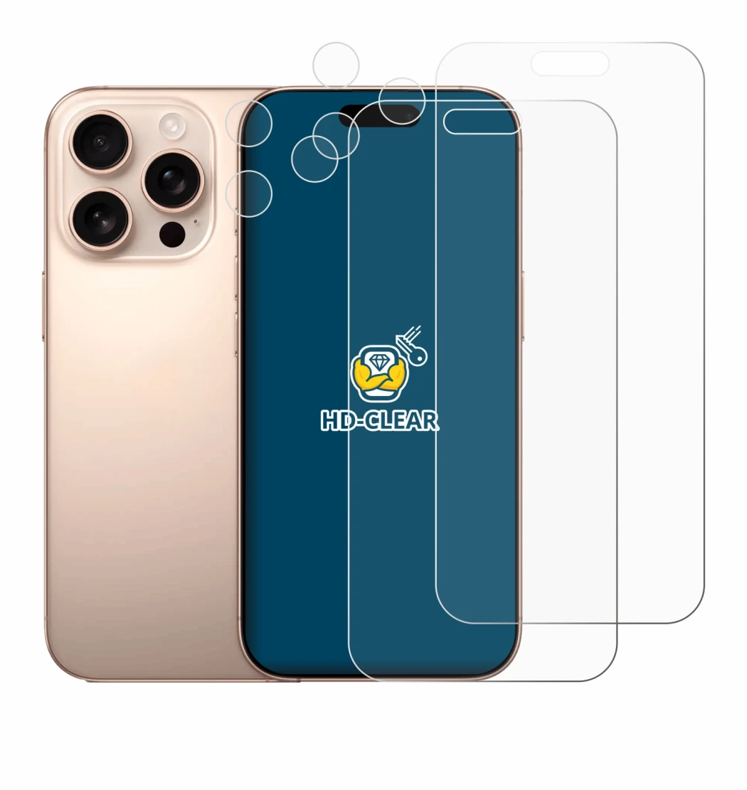 Abbildung des Geräts Apple iPhone 16 Pro Max (Display+Kamera) mit einer Vielzahl des Displayschutzes.