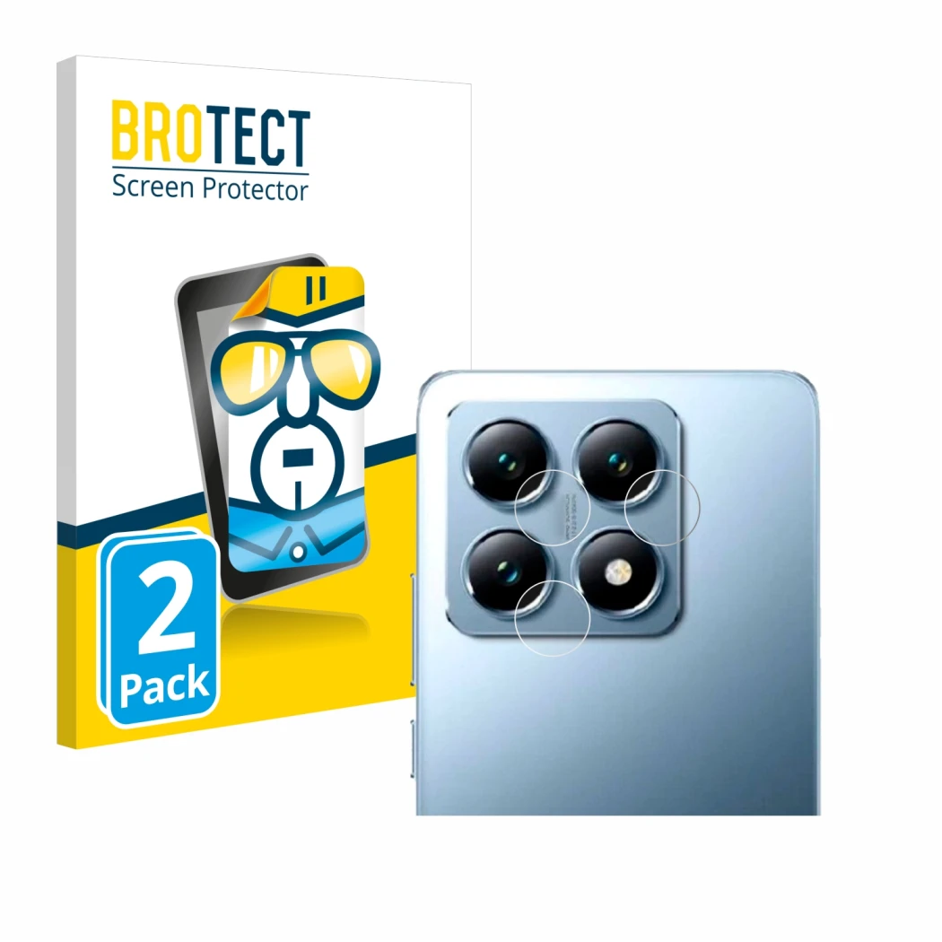 Vorderseite einer Produktverpackung mit dem Markenlogo BROTECT. Daneben ist das Gerät Xiaomi 14T Pro (NUR Kameraschutz) mit de