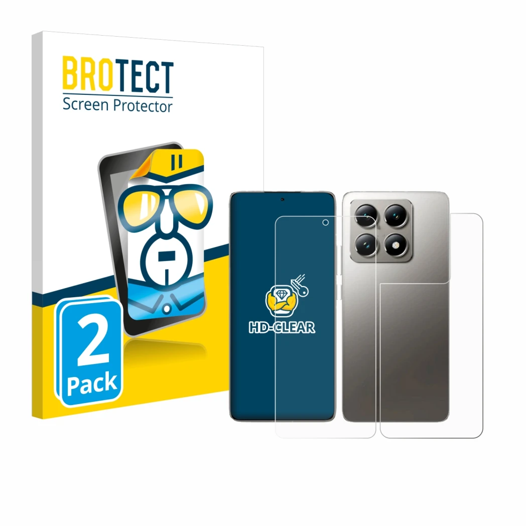 Vorderseite einer Produktverpackung mit dem Markenlogo BROTECT. Daneben ist das Gerät Xiaomi 14T Pro (Display+Rückseite) mit d