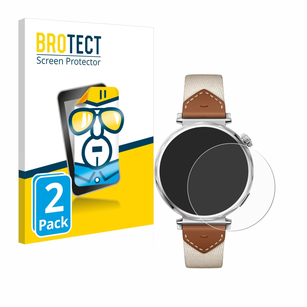 Vorderseite einer Produktverpackung mit dem Markenlogo BROTECT. Daneben ist das Gerät Huawei Watch GT 5 (41 mm) mit dem zugehö