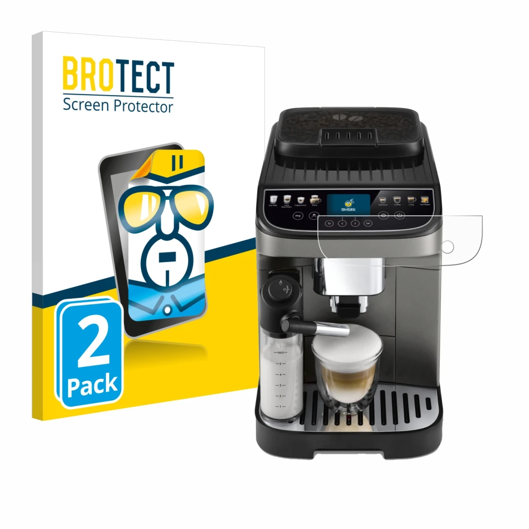 Vorderseite einer Produktverpackung mit dem Markenlogo BROTECT. Daneben ist das Gerät DeLonghi Magnifica Evo Next mit dem zuge