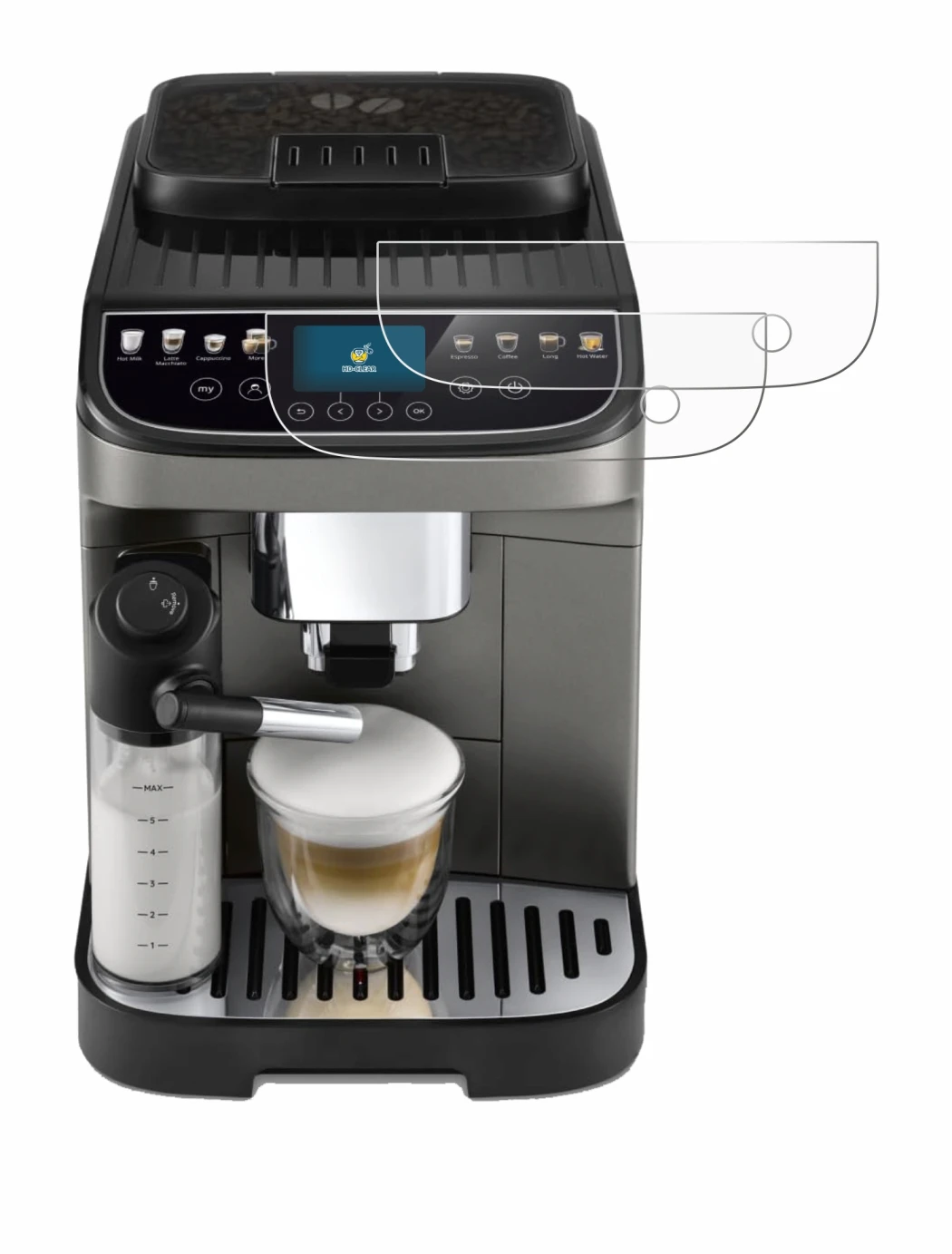 Abbildung des Geräts DeLonghi Magnifica Evo Next mit einer Vielzahl des Displayschutzes.
