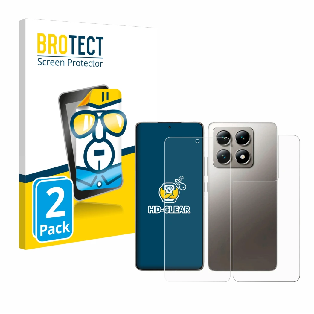 Vorderseite einer Produktverpackung mit dem Markenlogo BROTECT. Daneben ist das Gerät Xiaomi 14T (Display+Rückseite) mit dem z