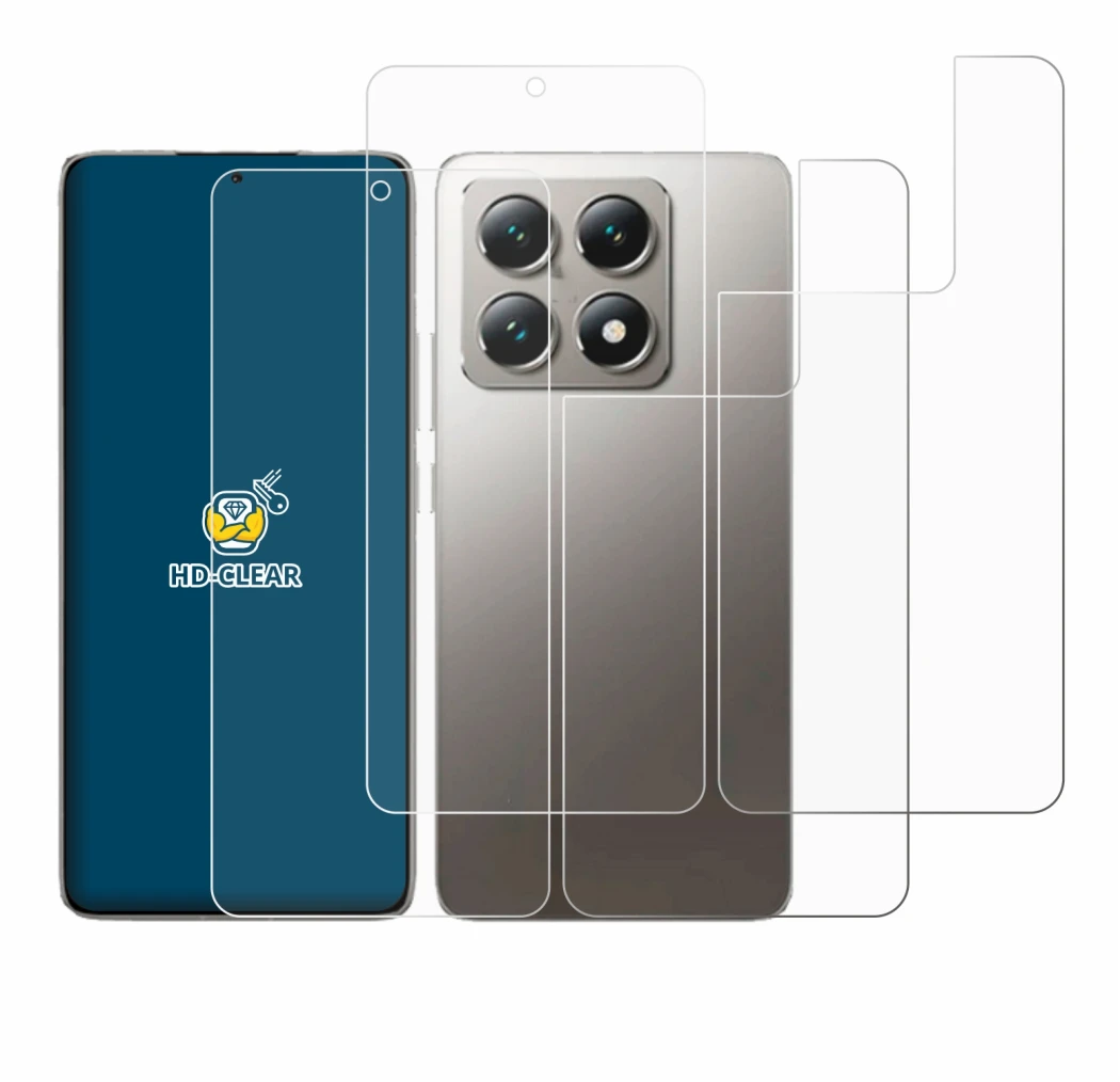 Abbildung des Geräts Xiaomi 14T (Display+Rückseite) mit einer Vielzahl des Displayschutzes.