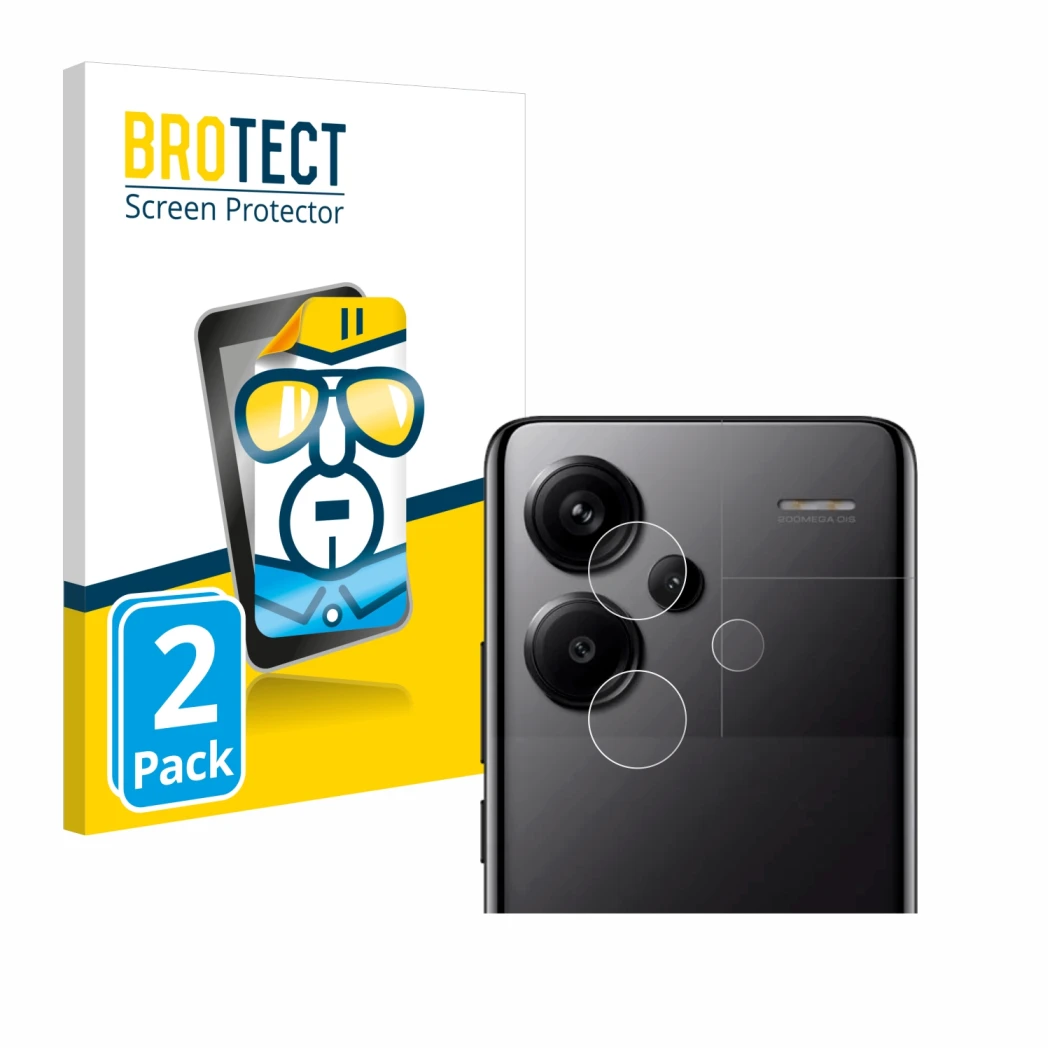 Vorderseite einer Produktverpackung mit dem Markenlogo BROTECT. Daneben ist das Gerät Xiaomi Redmi Note 13 Pro+ 5G (NUR Kamera