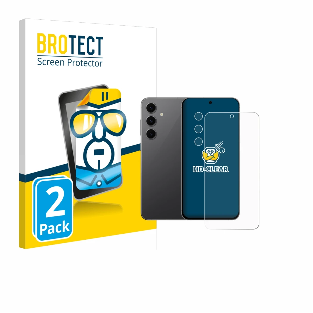 Vorderseite einer Produktverpackung mit dem Markenlogo BROTECT. Daneben ist das Gerät Samsung Galaxy S24 FE (Display+Kamera) m