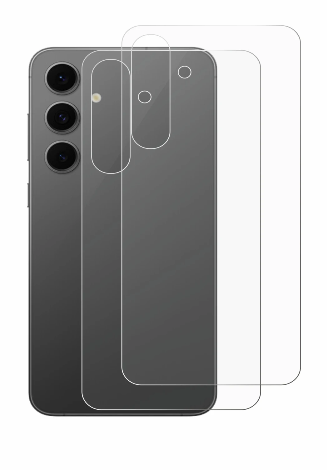 Abbildung des Geräts Samsung Galaxy S24 FE (Rückseite) mit einer Vielzahl des Displayschutzes.