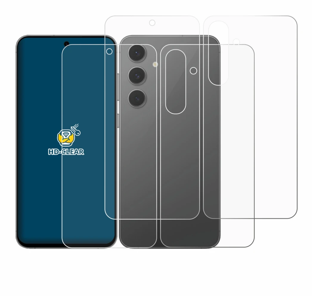 Abbildung des Geräts Samsung Galaxy S24 FE (Display+Rückseite) mit einer Vielzahl des Displayschutzes.