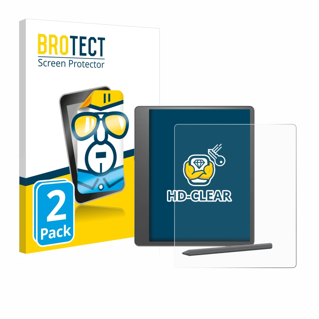 Vorderseite einer Produktverpackung mit dem Markenlogo BROTECT. Daneben ist das Gerät Amazon Kindle Scribe 2024 mit dem zugehö