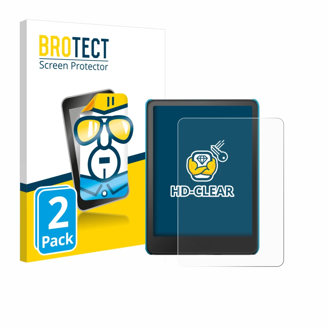 Vorderseite einer Produktverpackung mit dem Markenlogo BROTECT. Daneben ist das Gerät Amazon Kindle Paperwhite Kids 2024 mit d