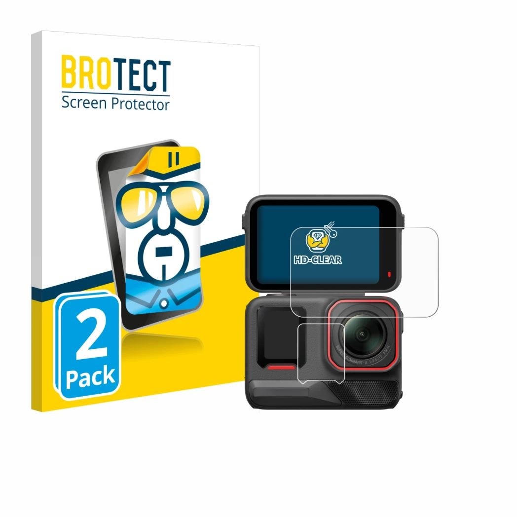 Vorderseite einer Produktverpackung mit dem Markenlogo BROTECT. Daneben ist das Gerät Insta360 Ace Pro 2 mit dem zugehörigen D