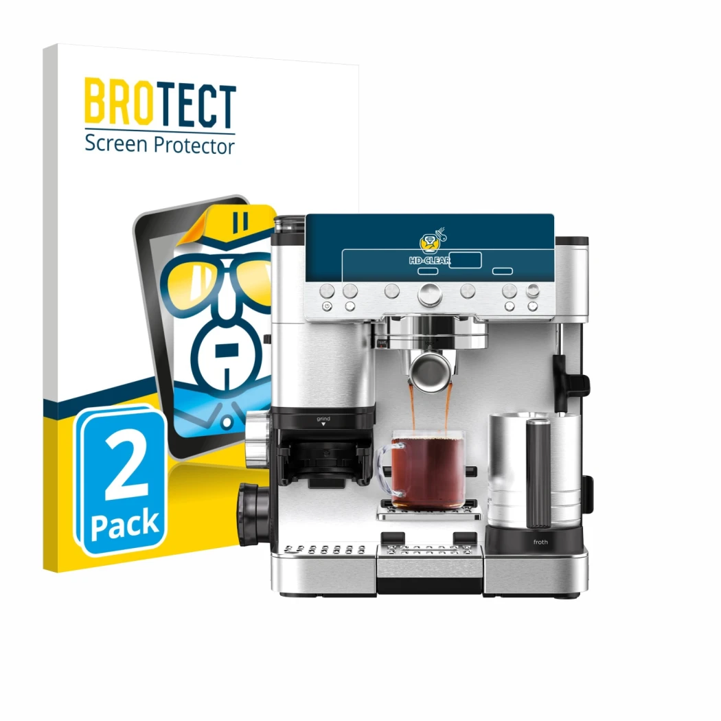 Vorderseite einer Produktverpackung mit dem Markenlogo BROTECT. Daneben ist das Gerät Ninja Luxe Cafe Premier ES601EU mit dem