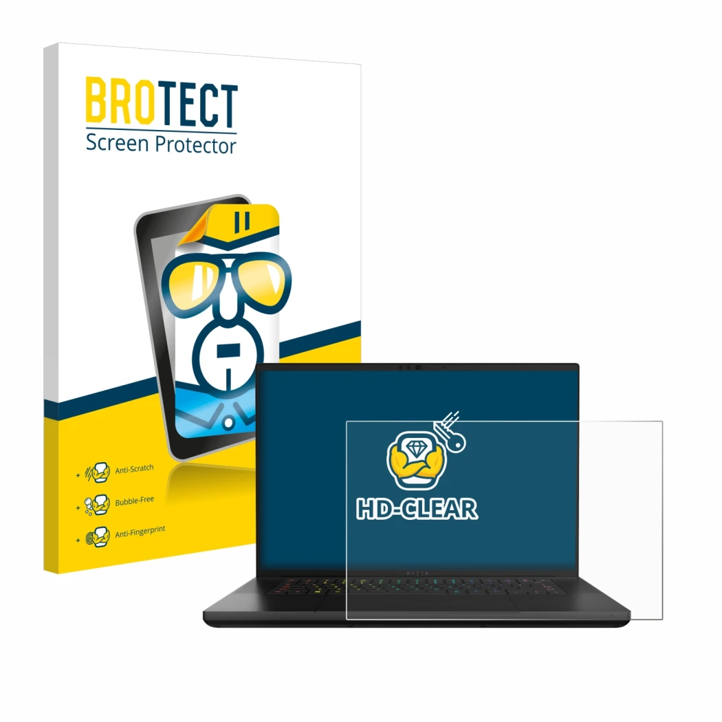 Vorderseite einer Produktverpackung mit dem Markenlogo BROTECT. Daneben ist das Gerät Razer Blade 16 2024 mit dem zugehörigen 