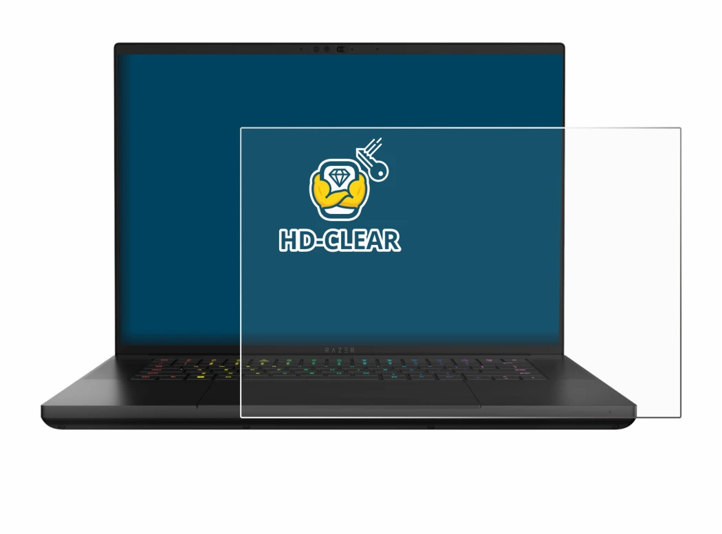 Abbildung des Geräts Razer Blade 16 2024 mit einer Vielzahl des Displayschutzes.