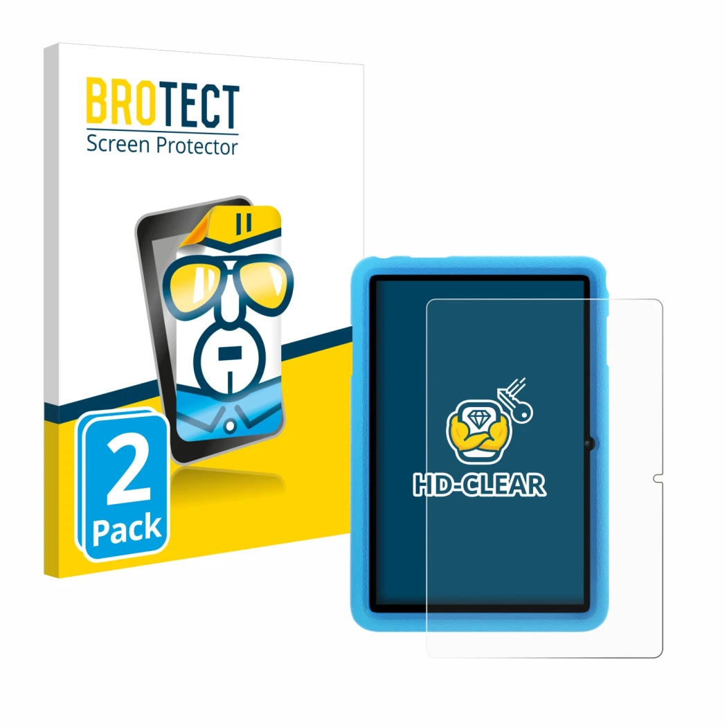 Vorderseite einer Produktverpackung mit dem Markenlogo BROTECT. Daneben ist das Gerät Blackview Tab 8 Kids mit dem zugehörigen