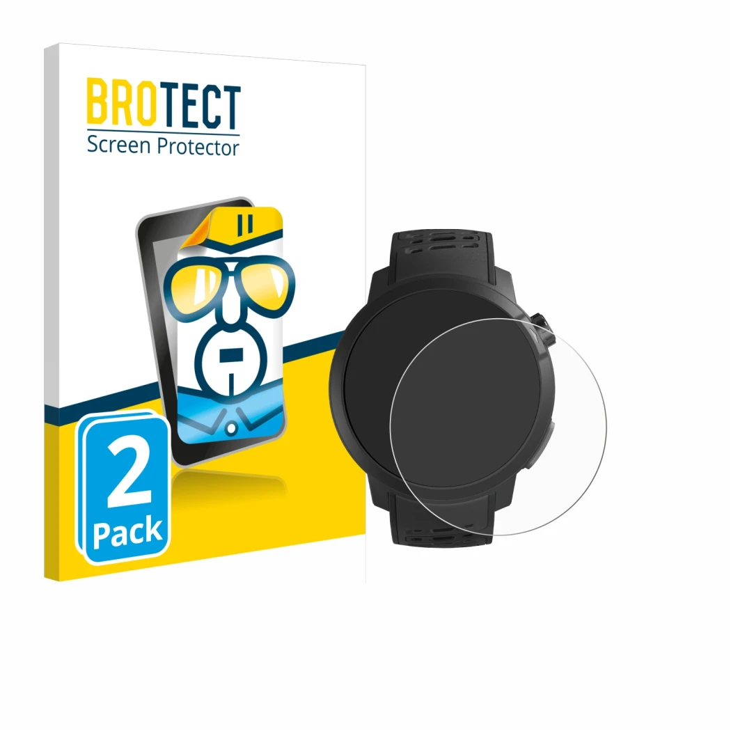 Vorderseite einer Produktverpackung mit dem Markenlogo BROTECT. Daneben ist das Gerät Coros Pace Pro mit dem zugehörigen Displ