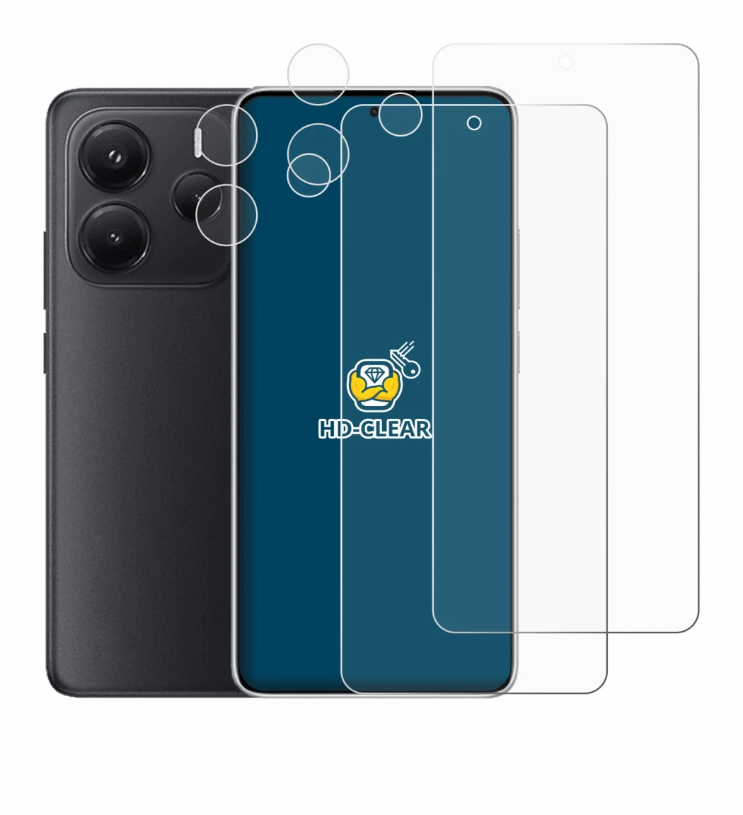 Abbildung des Geräts Xiaomi Redmi Note 14 (Display+Kamera) mit einer Vielzahl des Displayschutzes.