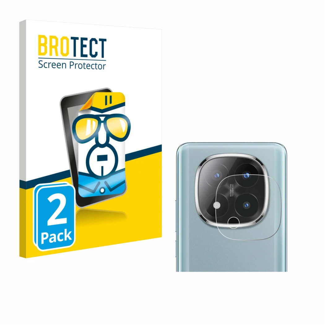 Vorderseite einer Produktverpackung mit dem Markenlogo BROTECT. Daneben ist das Gerät Xiaomi Redmi Note 14 Pro Plus (NUR Kamer