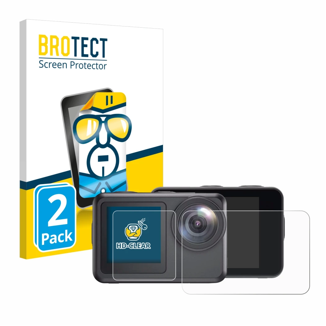 Vorderseite einer Produktverpackung mit dem Markenlogo BROTECT. Daneben ist das Gerät Akaso Brave 7 LE mit dem zugehörigen Dis