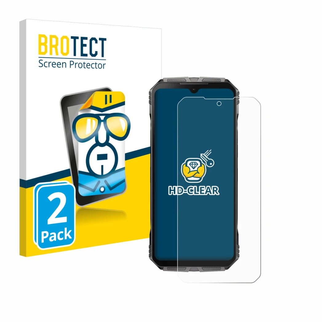 Vorderseite einer Produktverpackung mit dem Markenlogo BROTECT. Daneben ist das Gerät Doogee S Cyber mit dem zugehörigen Displ