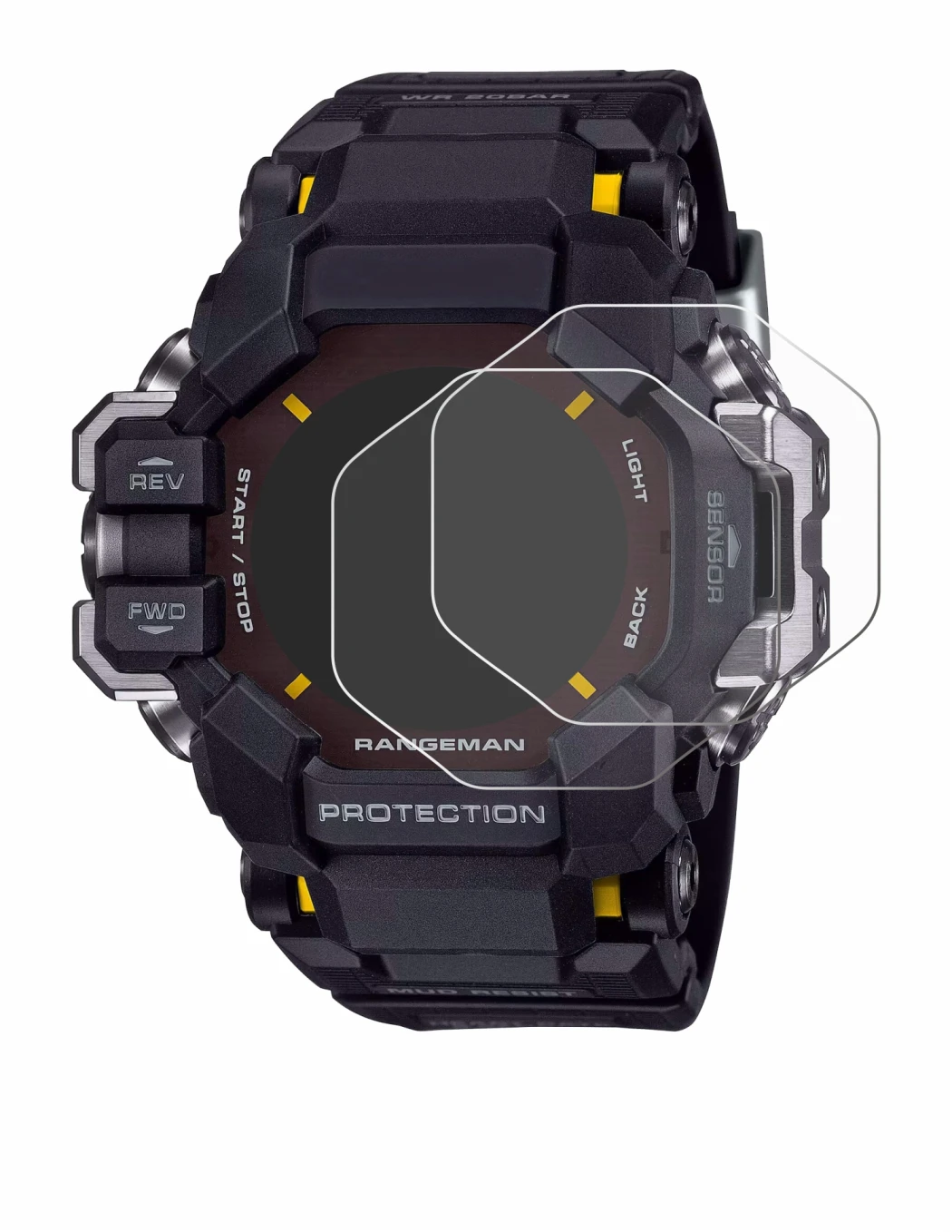 Abbildung des Geräts Casio G-Shock GPR-H 1000 mit einer Vielzahl des Displayschutzes.
