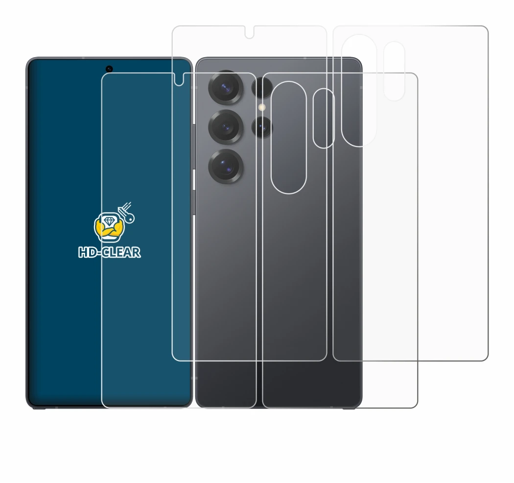 Abbildung des Geräts Samsung Galaxy S25 Ultra (Display+Rückseite) mit einer Vielzahl des Displayschutzes.