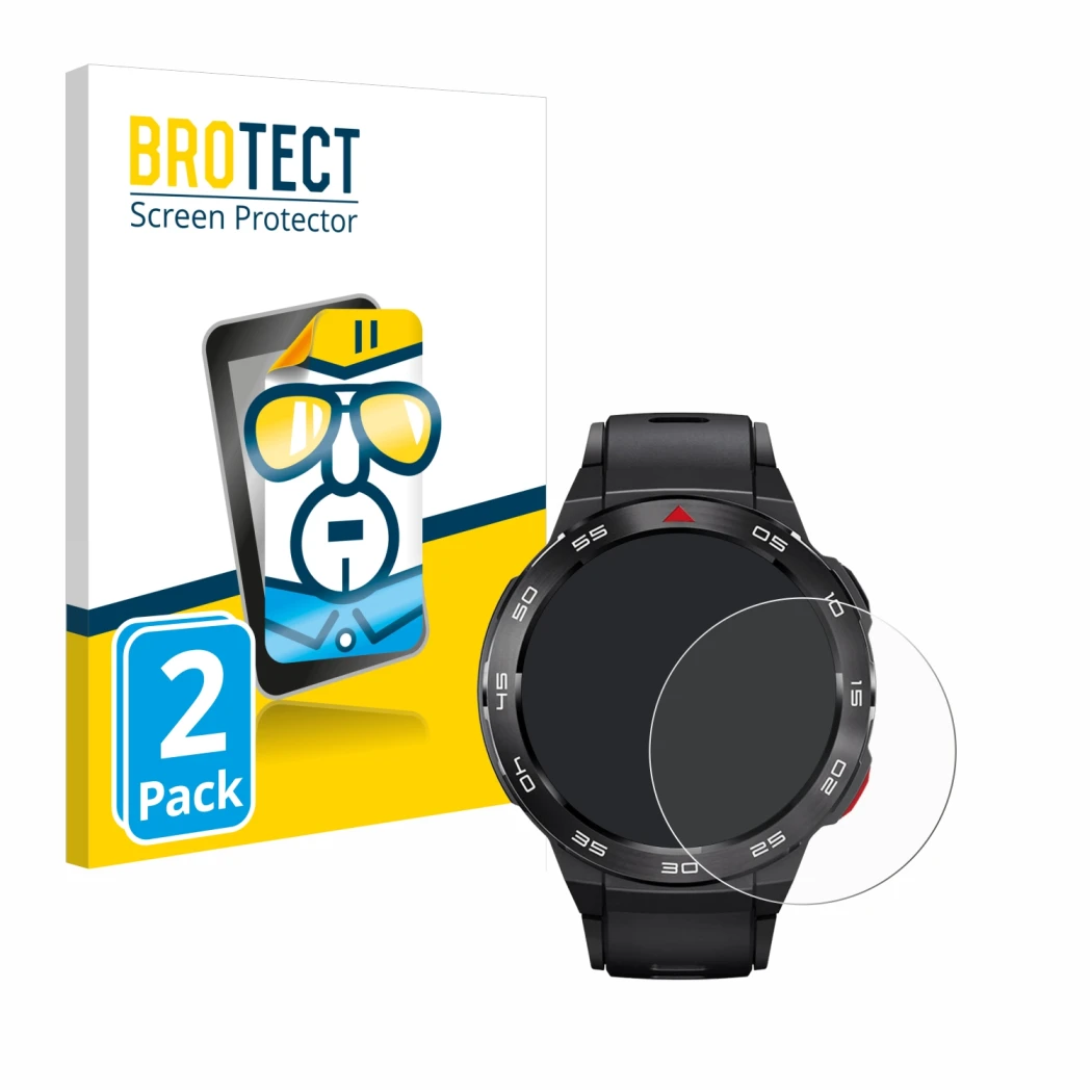 Vorderseite einer Produktverpackung mit dem Markenlogo BROTECT. Daneben ist das Gerät Xiaomi Mibro GS Pro mit dem zugehörigen 