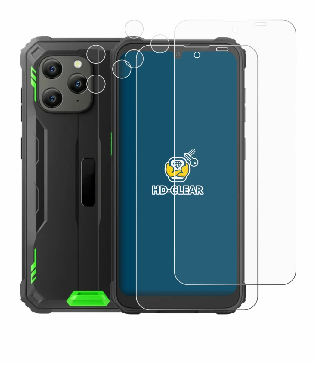 Abbildung des Geräts Blackview BV5300 Plus (Display+Kamera) mit einer Vielzahl des Displayschutzes.