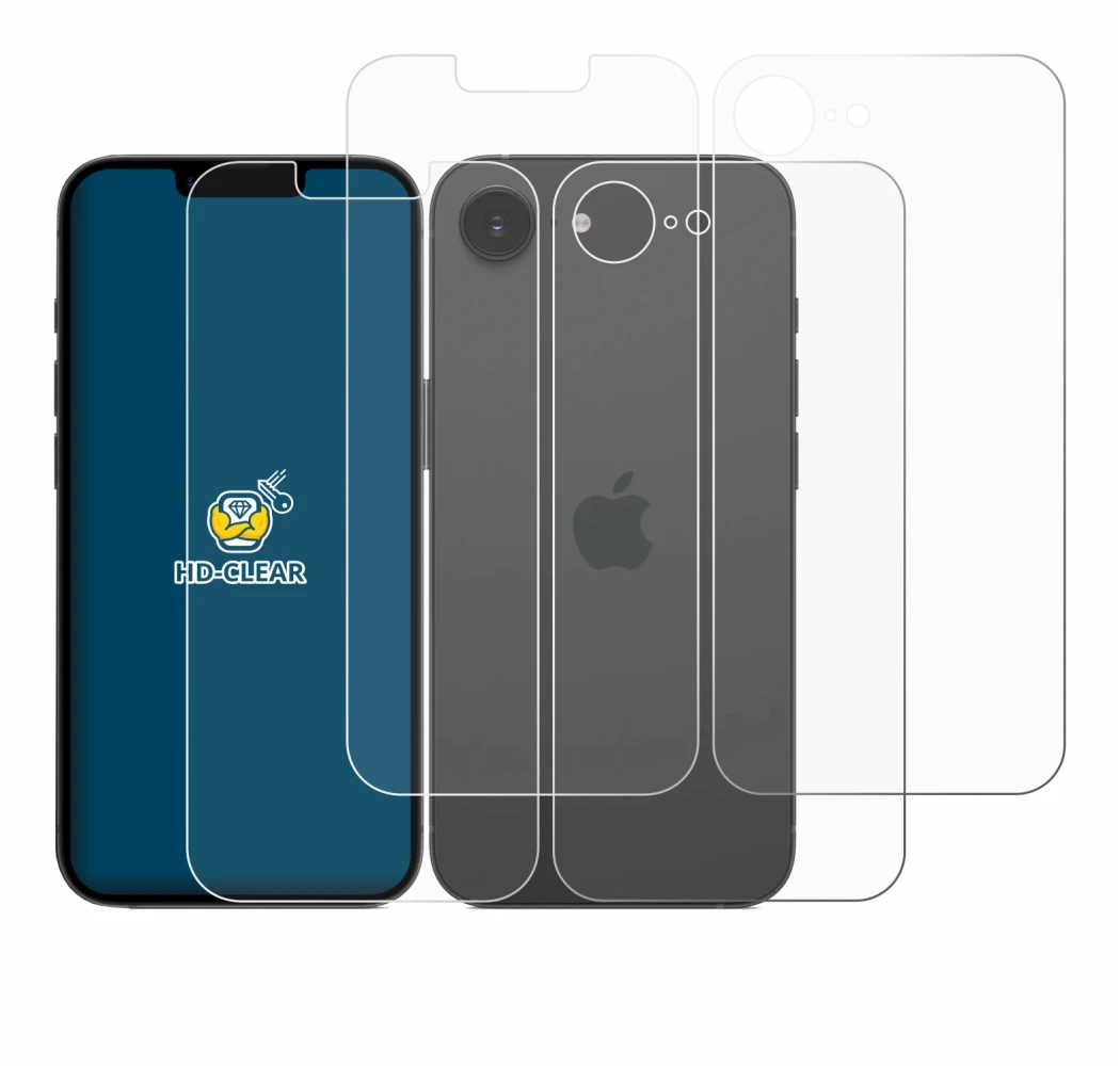 Abbildung des Geräts Apple iPhone 16e (Display+Rückseite) mit einer Vielzahl des Displayschutzes.