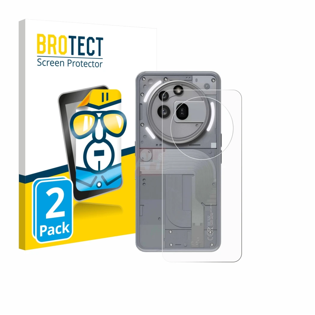 Vorderseite einer Produktverpackung mit dem Markenlogo BROTECT. Daneben ist das Gerät Nothing Phone (3a) Pro (Rückseite) mit d