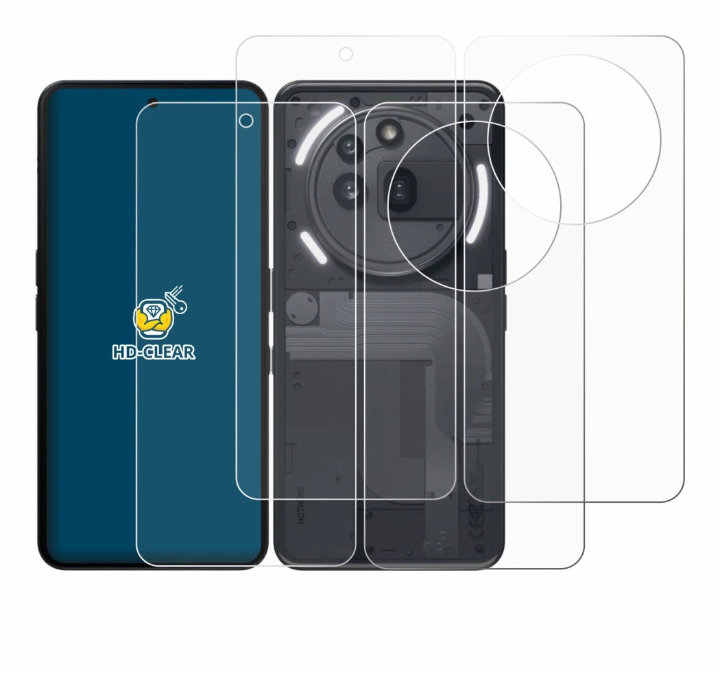 Abbildung des Geräts Nothing Phone (3a) Pro (Display+Rückseite) mit einer Vielzahl des Displayschutzes.