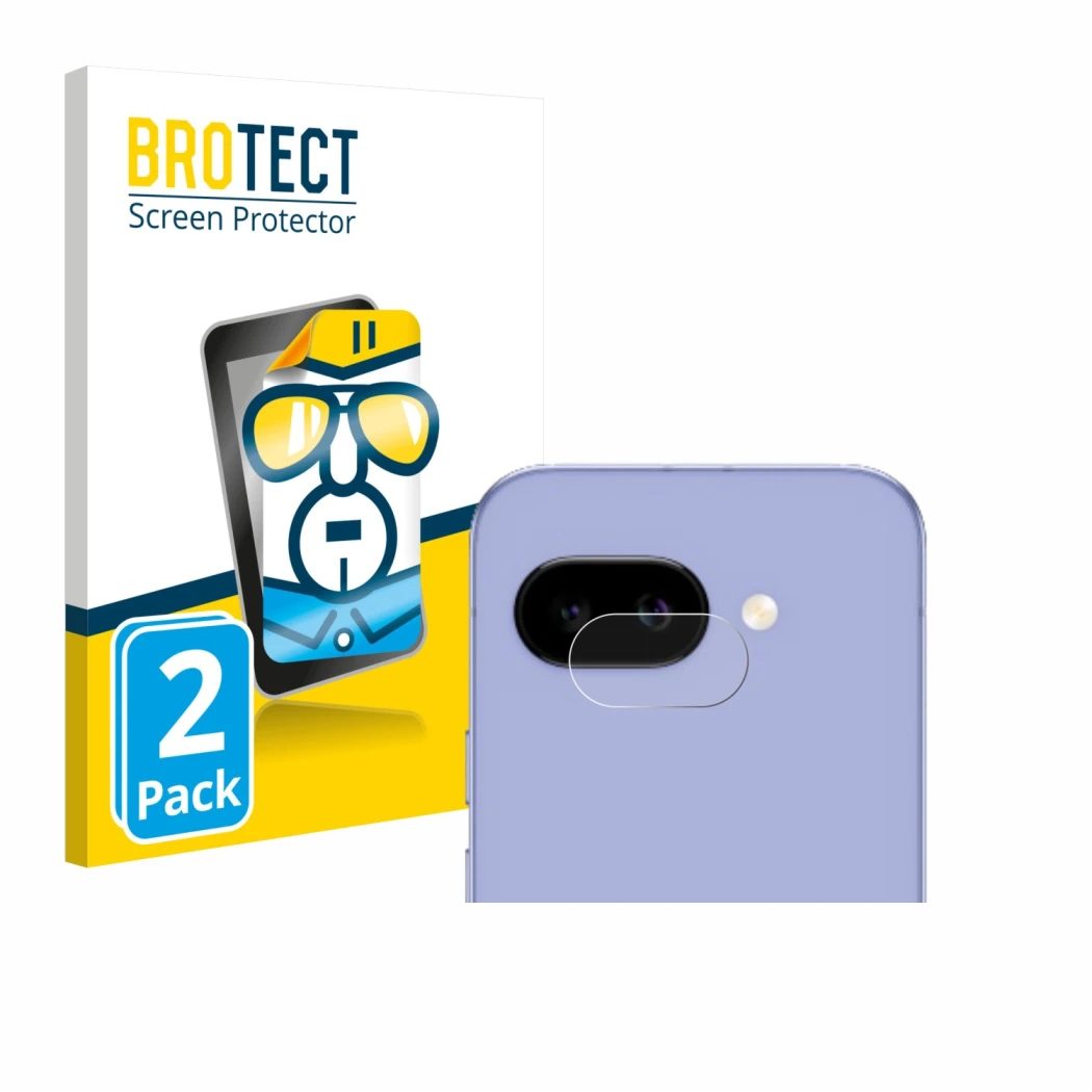 Vorderseite einer Produktverpackung mit dem Markenlogo BROTECT. Daneben ist das Gerät Google Pixel 9a (NUR Kameraschutz) mit d