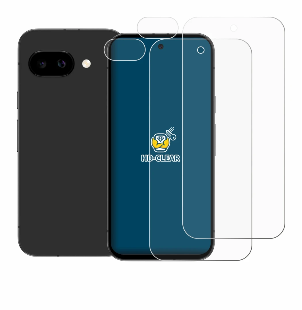 Abbildung des Geräts Google Pixel 9a (Display+Kamera) mit einer Vielzahl des Displayschutzes.