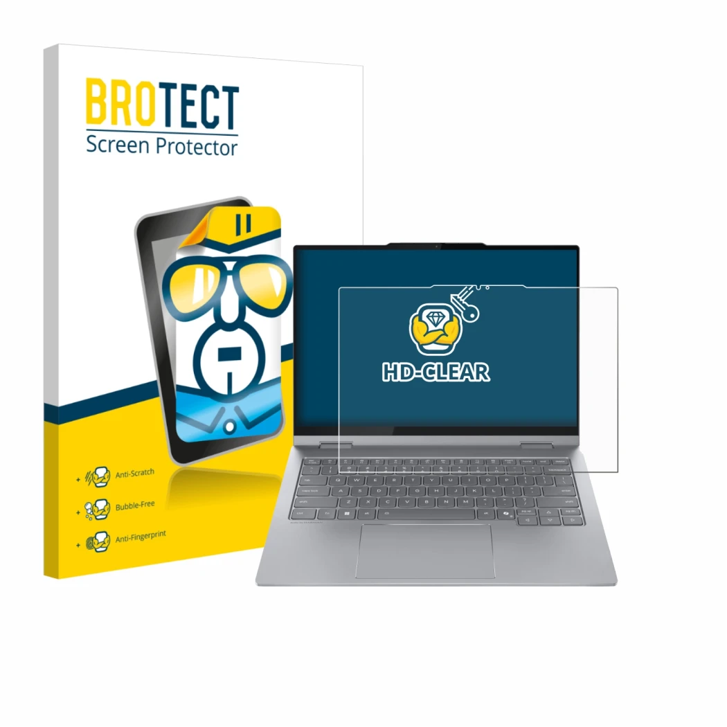 Vorderseite einer Produktverpackung mit dem Markenlogo BROTECT. Daneben ist das Gerät Lenovo ThinkBook 14 2-in-1 Gen 5 mit dem