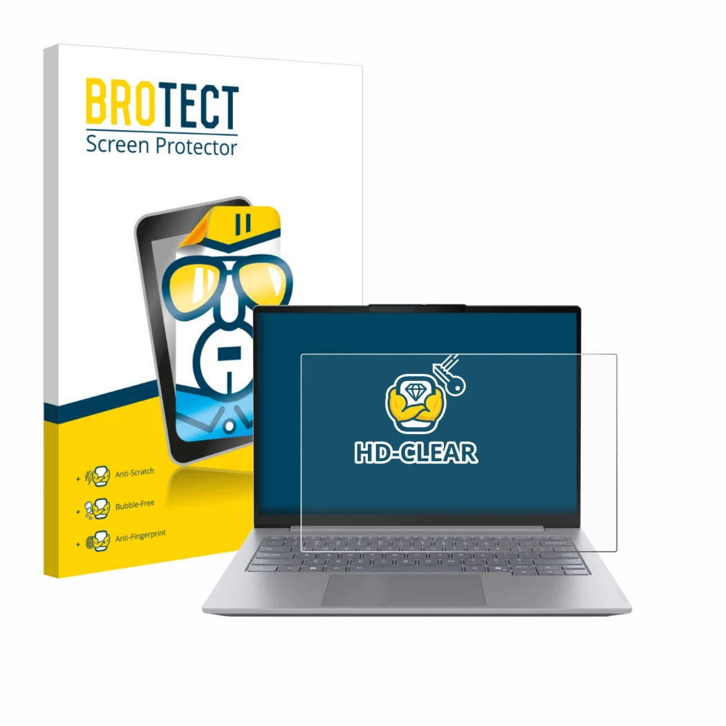 Vorderseite einer Produktverpackung mit dem Markenlogo BROTECT. Daneben ist das Gerät Lenovo ThinkBook 14 Gen 8 mit dem zugehö