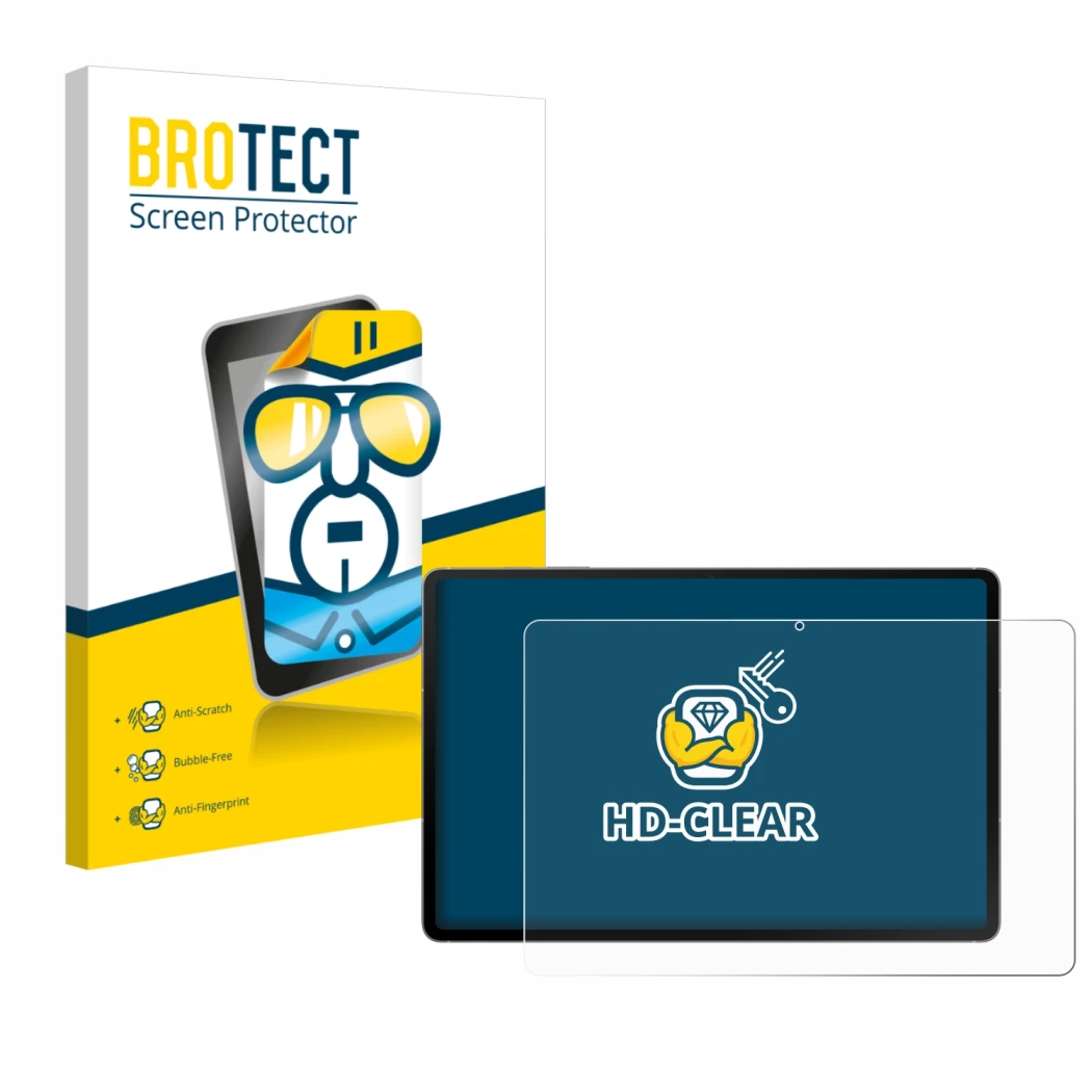 Vorderseite einer Produktverpackung mit dem Markenlogo BROTECT. Daneben ist das Gerät Samsung Galaxy Tab S10 FE+ 5G mit dem zu