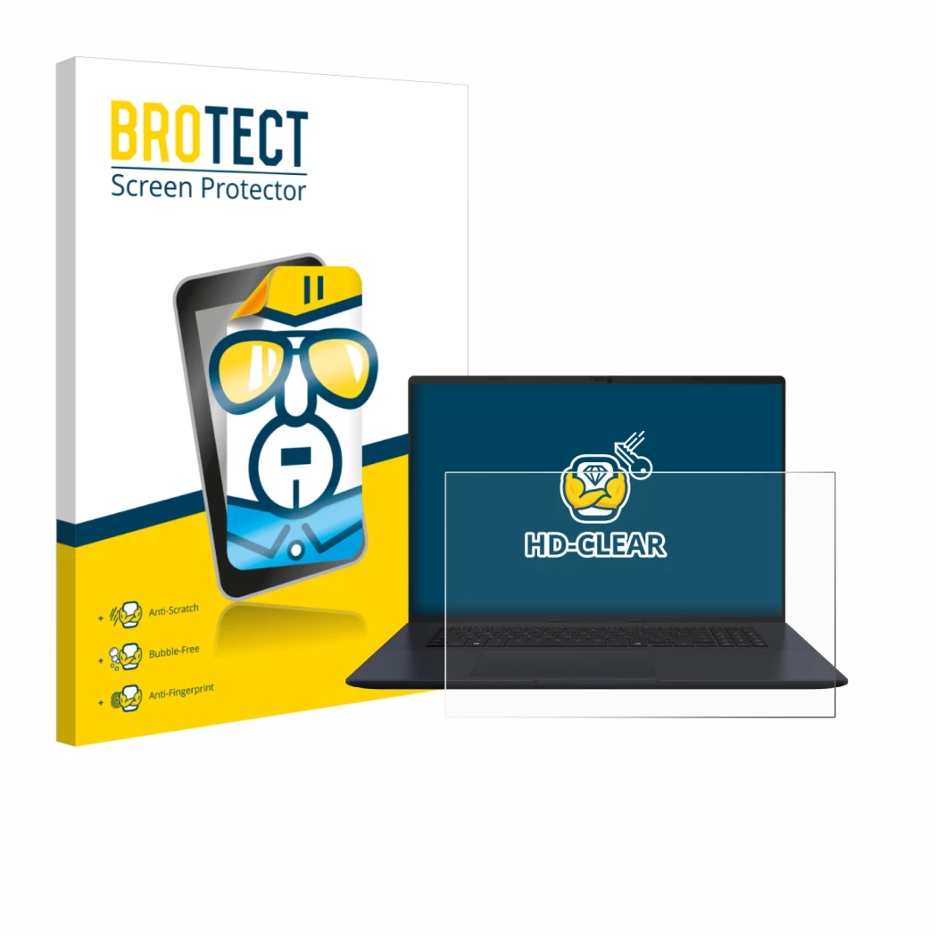 Vorderseite einer Produktverpackung mit dem Markenlogo BROTECT. Daneben ist das Gerät ASUS Vivobook 18 M1807 mit dem zugehörig