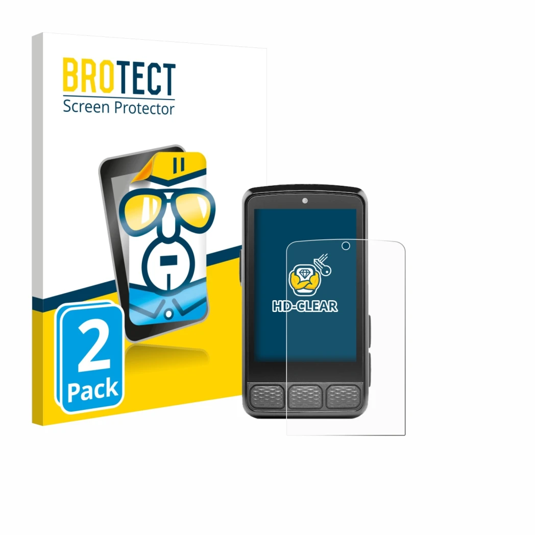 Vorderseite einer Produktverpackung mit dem Markenlogo BROTECT. Daneben ist das Gerät Wahoo Elemnt Roam 3 mit dem zugehörigen 