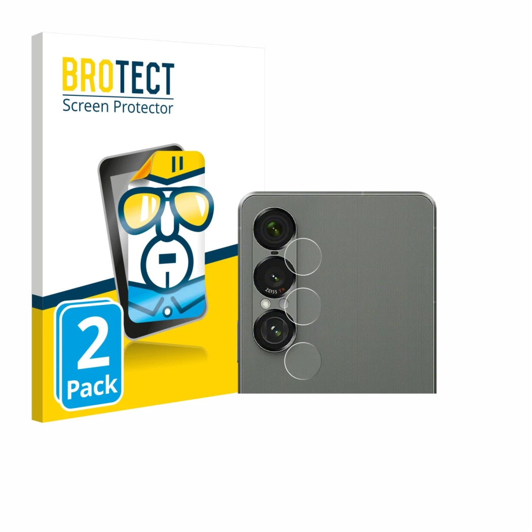 Vorderseite einer Produktverpackung mit dem Markenlogo BROTECT. Daneben ist das Gerät Sony Xperia 1 VII (NUR Kameraschutz) mit
