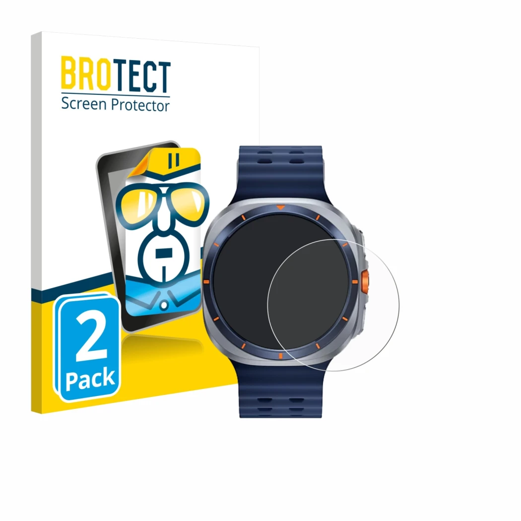 Vorderseite einer Produktverpackung mit dem Markenlogo BROTECT. Daneben ist das Gerät Samsung Galaxy Watch Ultra 2 (47 mm) mit