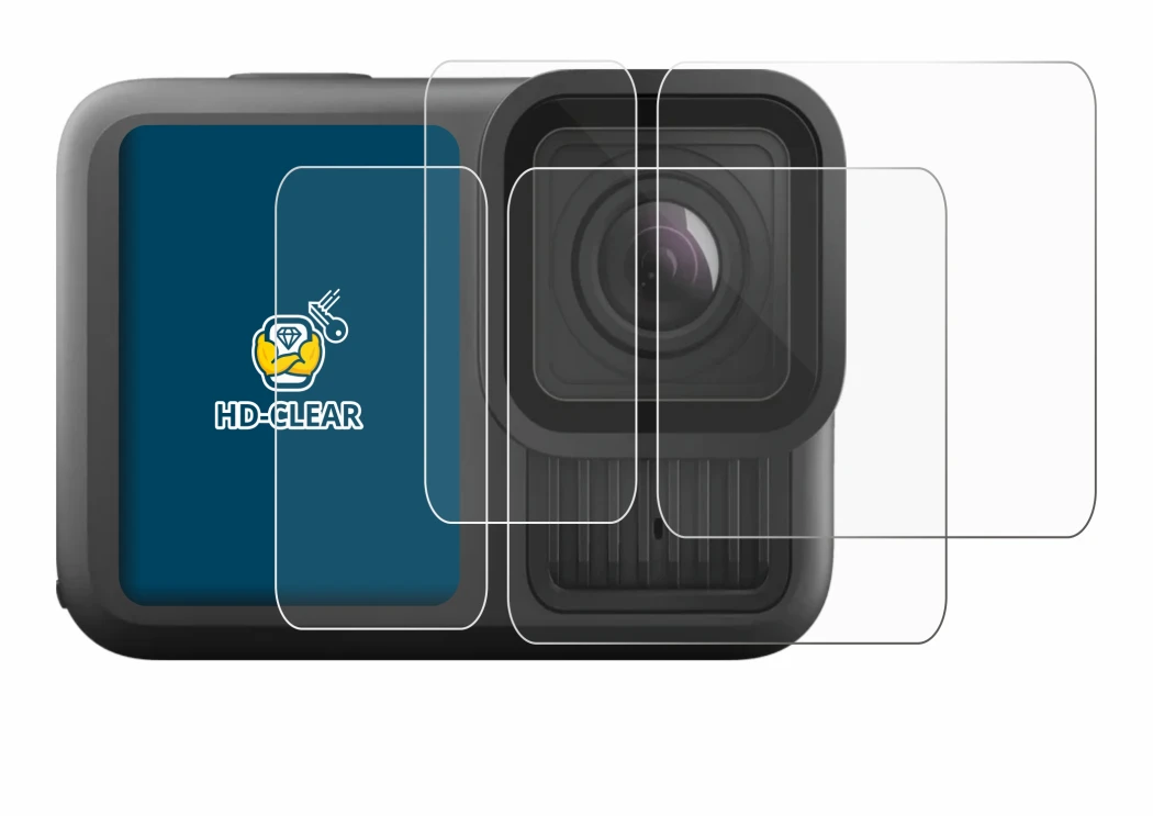 Abbildung des Geräts GoPro Hero 13 Black Ultra Wide Edition mit einer Vielzahl des Displayschutzes.