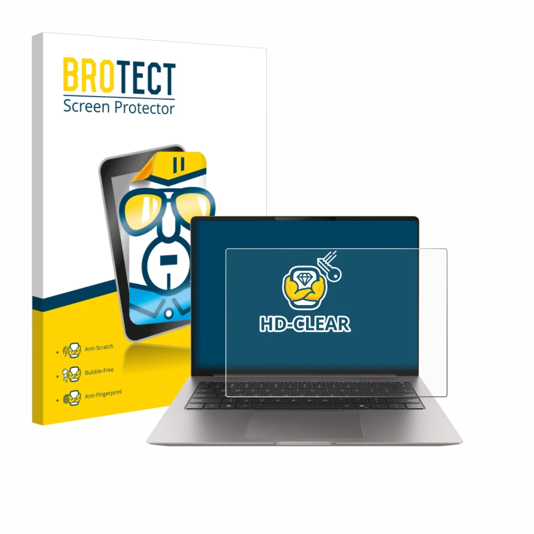 Vorderseite einer Produktverpackung mit dem Markenlogo BROTECT. Daneben ist das Gerät Honor MagicBook Pro 14 mit dem zugehörig