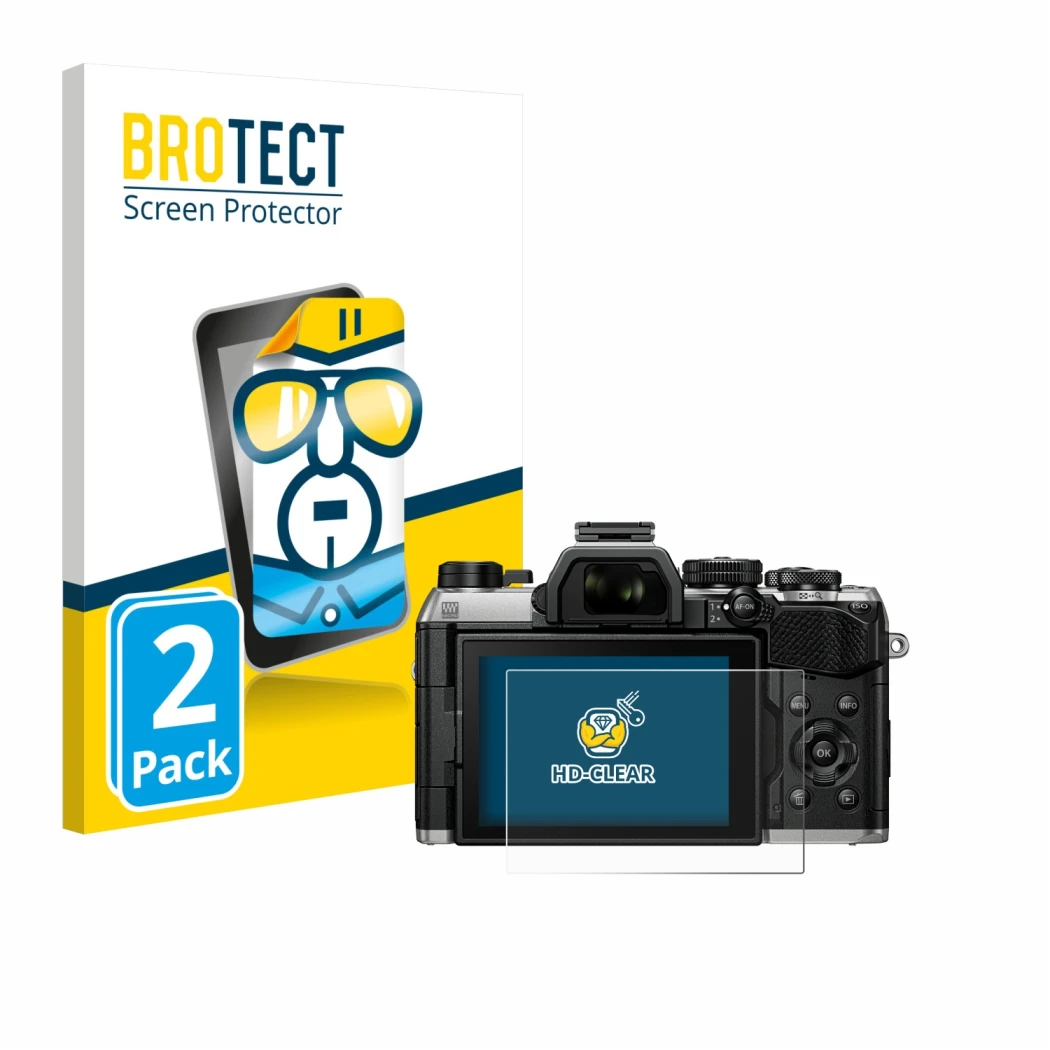 Vorderseite einer Produktverpackung mit dem Markenlogo BROTECT. Daneben ist das Gerät Olympus OM System OM-5 Mark II mit dem z