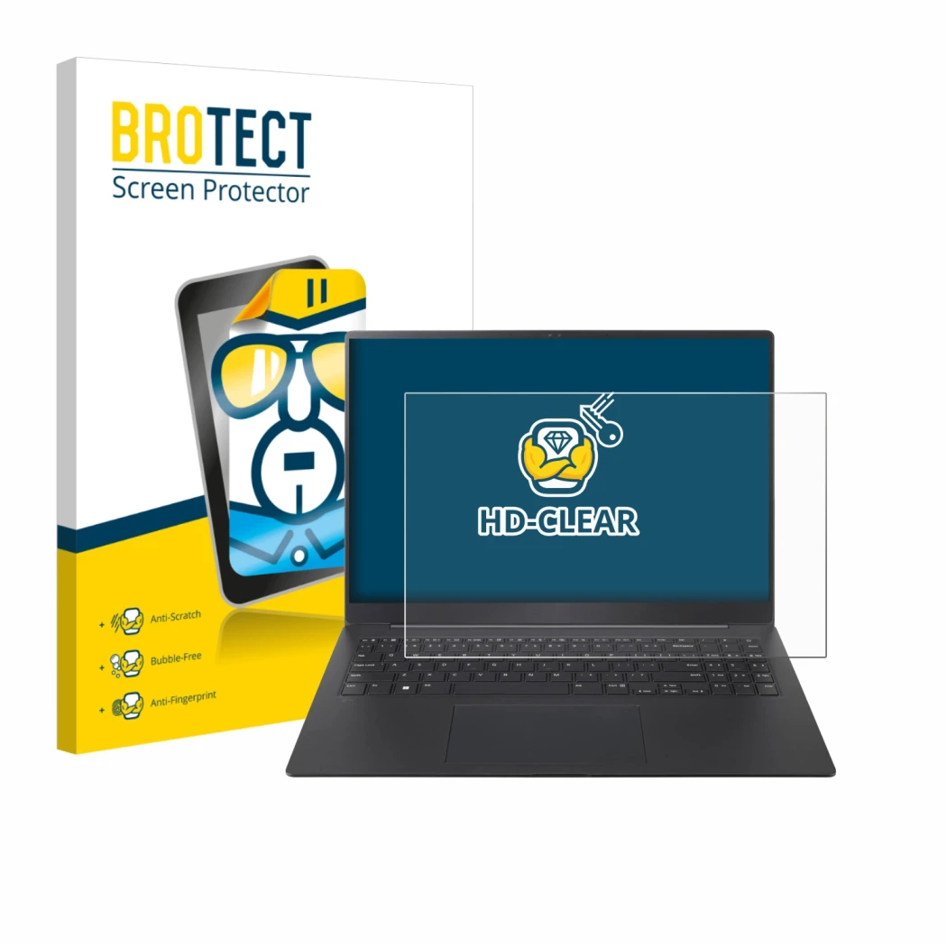 Vorderseite einer Produktverpackung mit dem Markenlogo BROTECT. Daneben ist das Gerät LG gram Pro 16 2025 mit dem zugehörigen 