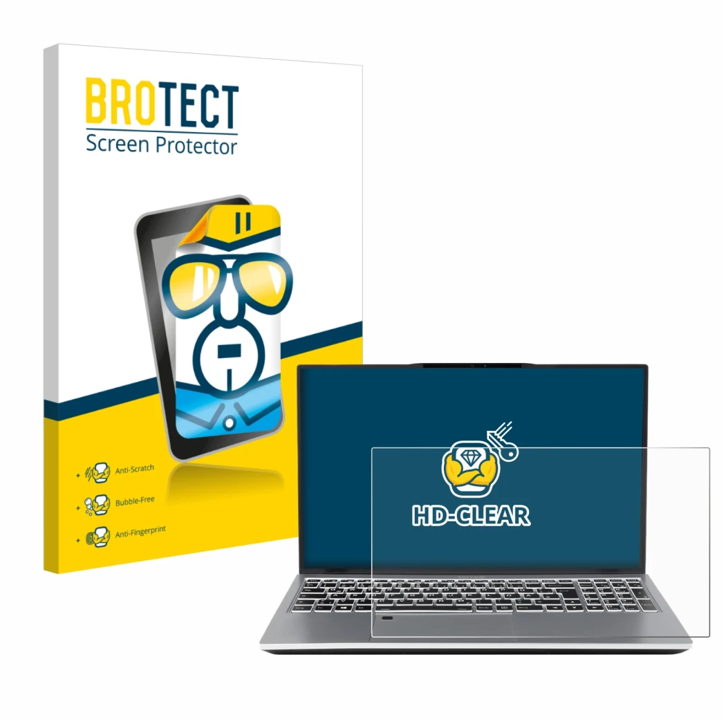 Vorderseite einer Produktverpackung mit dem Markenlogo BROTECT. Daneben ist das Gerät terra Mobile 1551R i7 1355U W11P mit dem