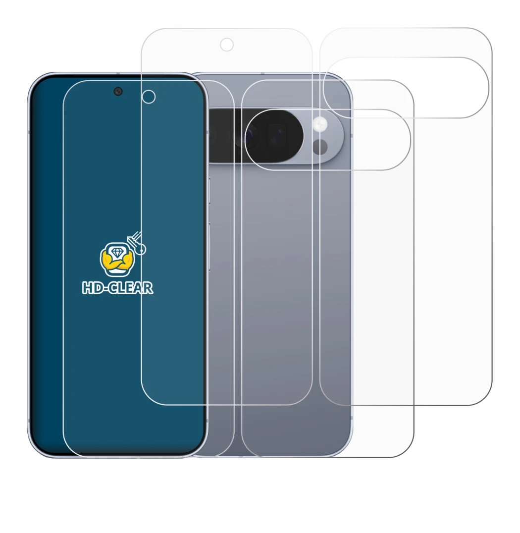 Abbildung des Geräts Google Pixel 10 Pro (Display+Rückseite) mit einer Vielzahl des Displayschutzes.