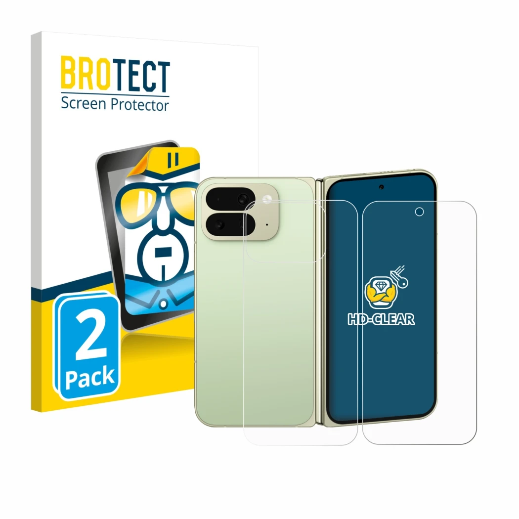 Vorderseite einer Produktverpackung mit dem Markenlogo BROTECT. Daneben ist das Gerät Google Pixel 10 Pro Fold (Display+Rückse