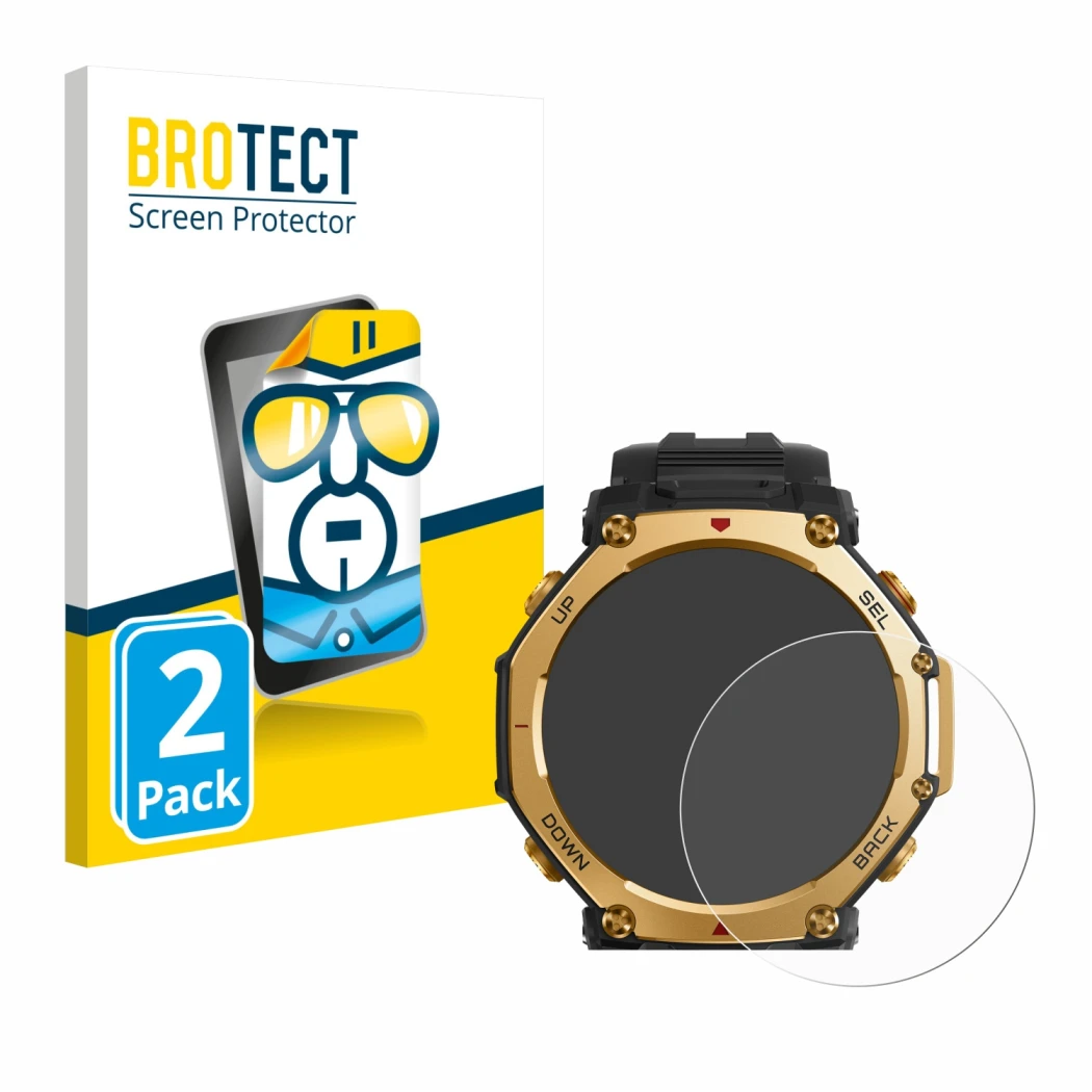 Vorderseite einer Produktverpackung mit dem Markenlogo BROTECT. Daneben ist das Gerät Huami Amazfit T-Rex 3 Pro (48 mm) mit de