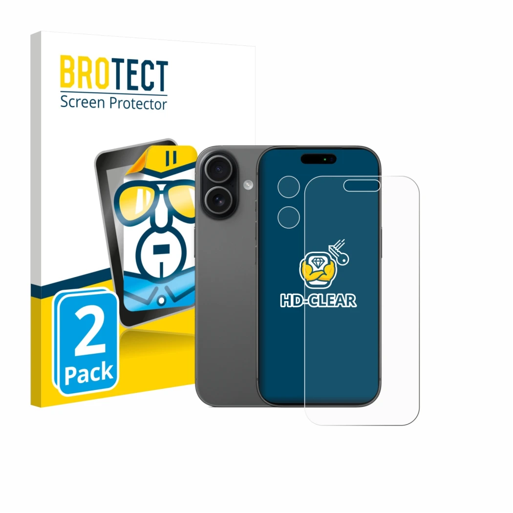 Vorderseite einer Produktverpackung mit dem Markenlogo BROTECT. Daneben ist das Gerät Apple iPhone 17 (Display+Kamera) mit dem